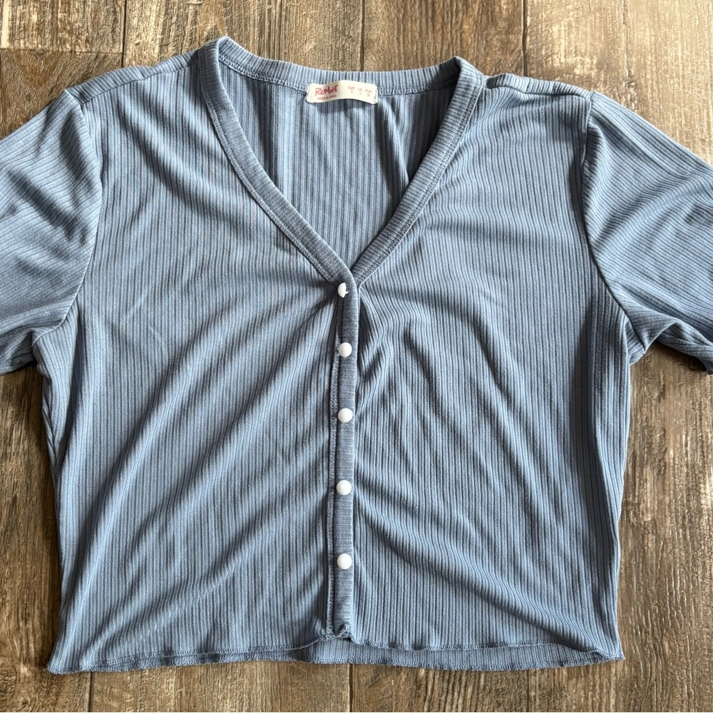 ROMWE Blue Ribbed Button-Down Top